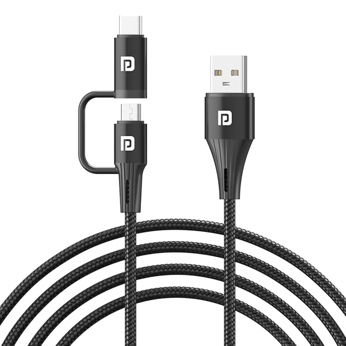 Portronics Konnect J7 20W Fast Charging Cable with Dual Output (Type C + Micro USB), Changeable Metallic Heads - 0