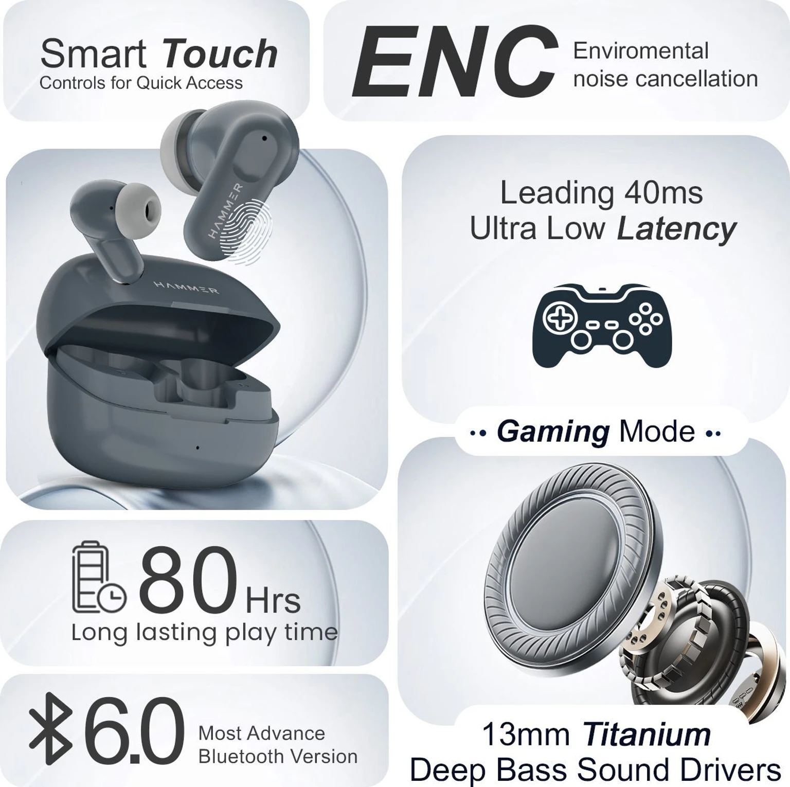 Hammer Airflow Go Earbuds with 80H Playtime, 13mm Titanium Driver, 40ms Gaming Mode Bluetooth - 1