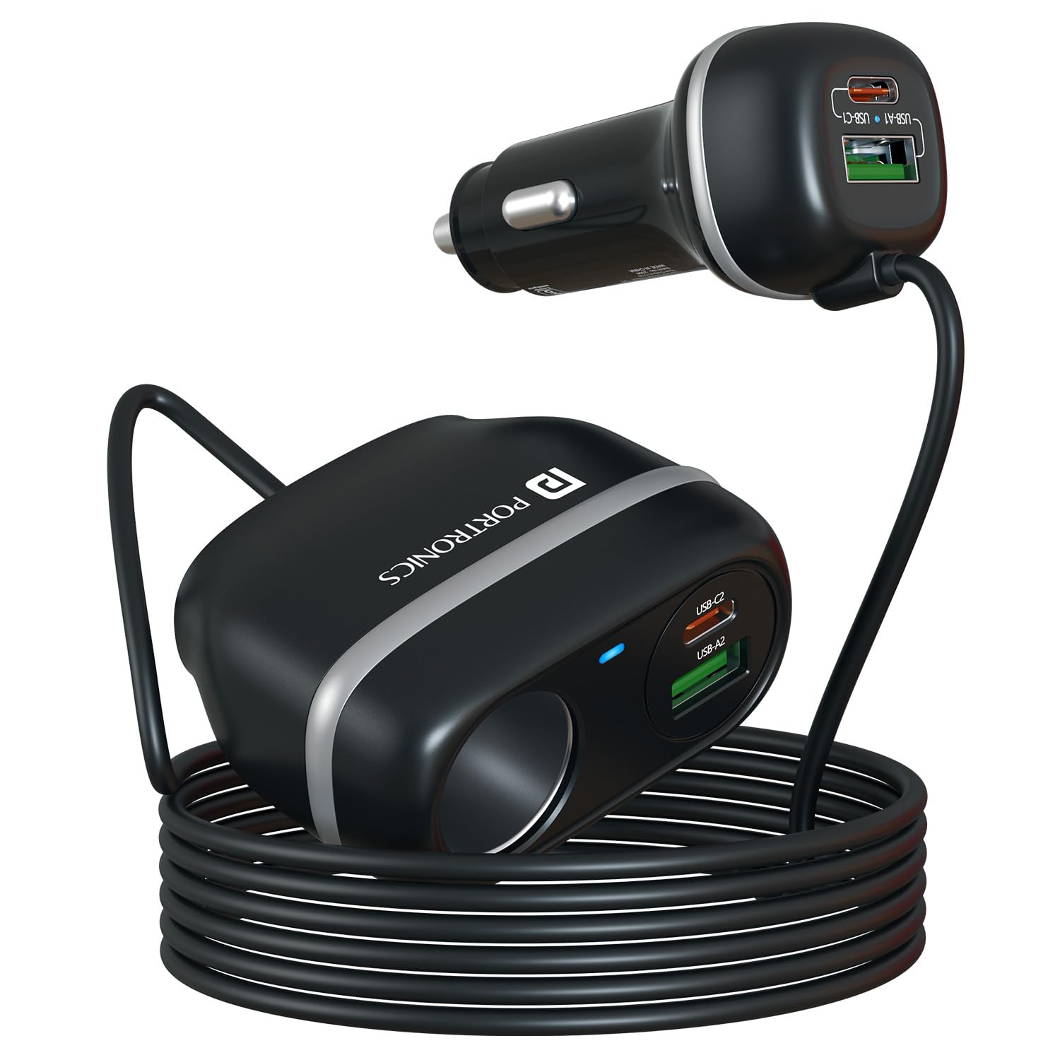 Portronics Car Power Trail 111W Car Charger, 4 Port Fast Car Charger, Dual 30W Type-C PD - 0