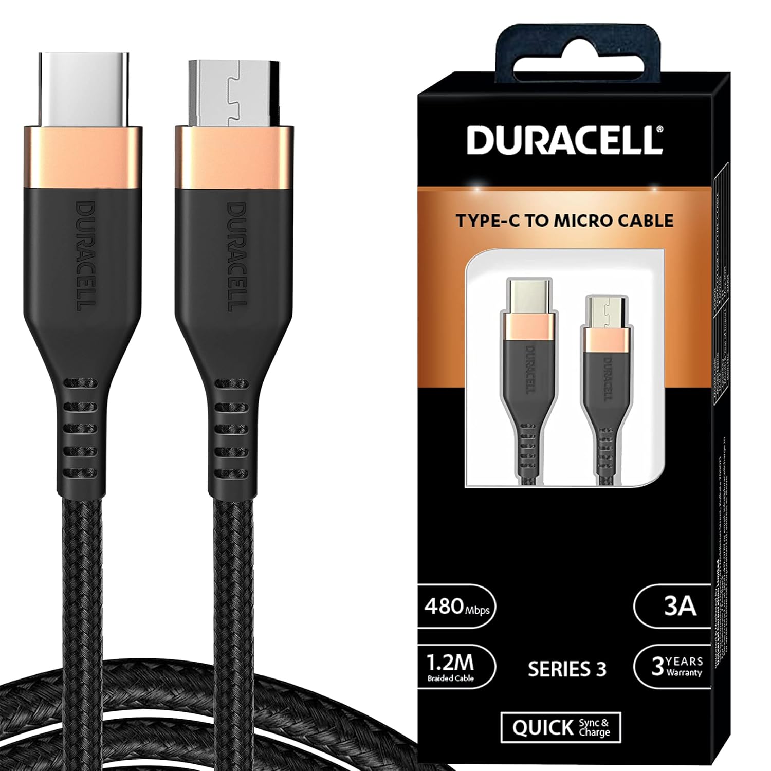 Duracell Type-C To Micro 1.2M braided Sync & Charge Cable, USB C to Micro Fast Charge Compatible for fast data transmission (Black) Total - 1