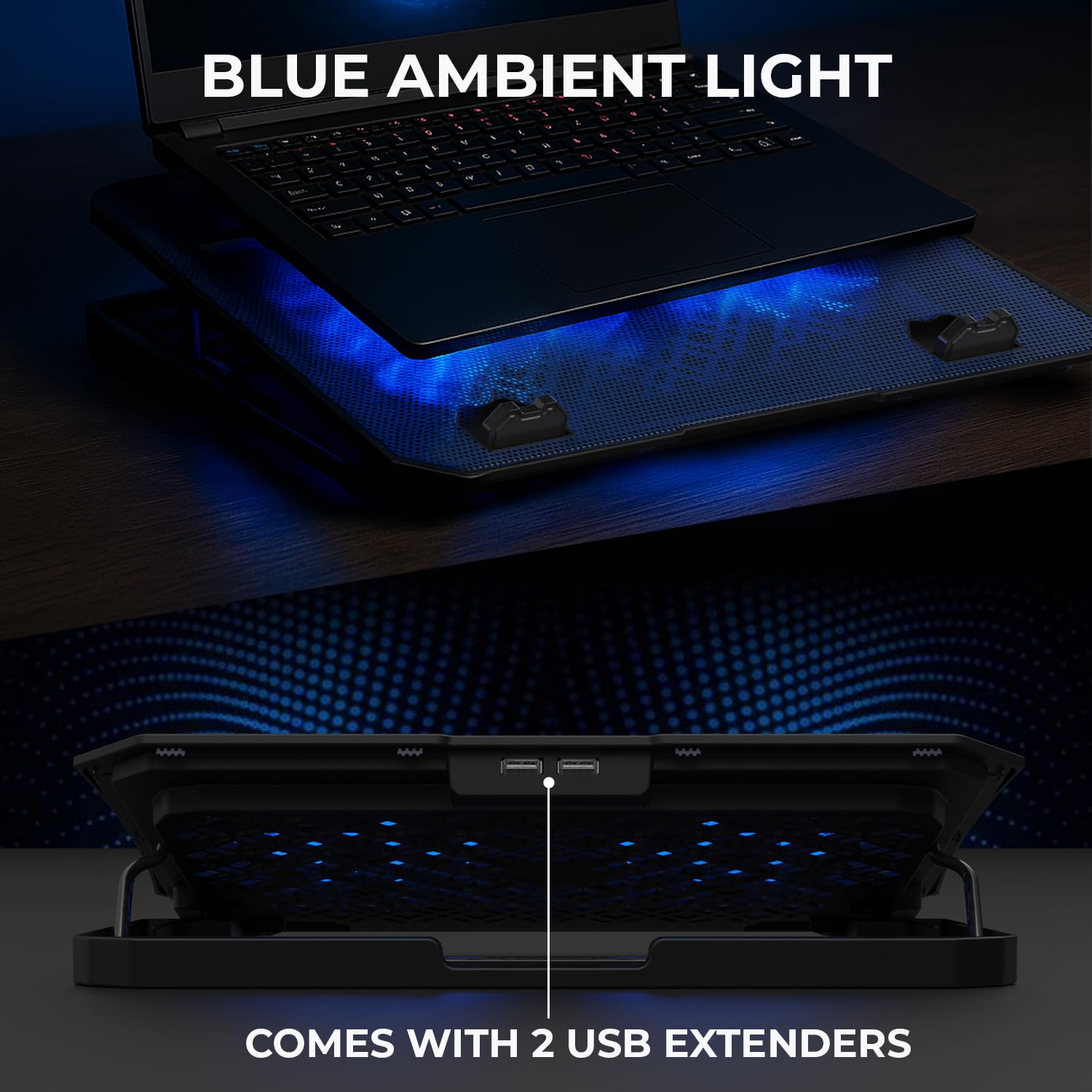 EvoFox Frost Laptop Cooling Pad with Phone Stand, 1000 RPM 2X Silent Fans, 5 Adjustable Angles, LED Lights - 3