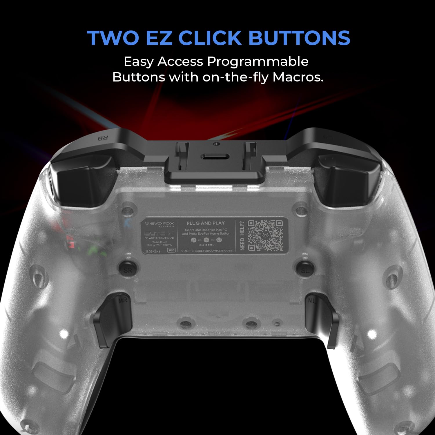 EvoFox Elite X Wireless Gamepad for PC with Dual Vibration Motors, 2 Macro Back Buttons, Low Latency - 2