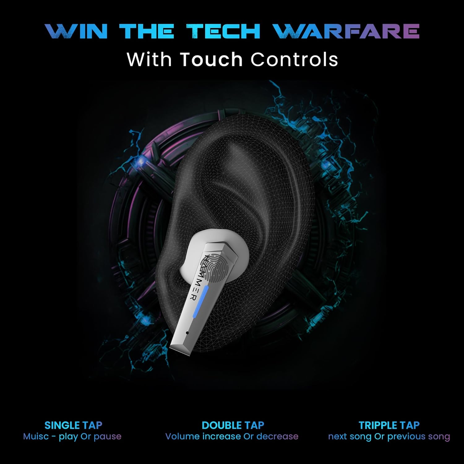 HAMMER Arcade True Wirelss Gaming Earbuds with RGB Lights, 50ms Low Latency - 3