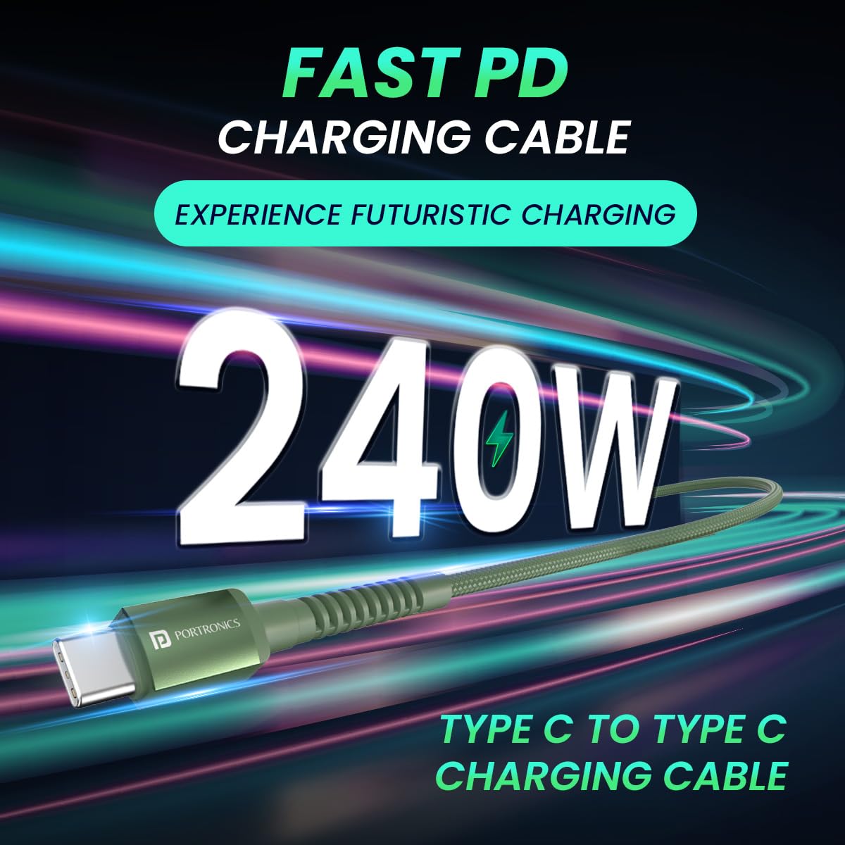 Portronics Konnect X 240W Futuristic Unbreakable Nylon Braided Type C Fast Charging PD Cable 1M Long - 1