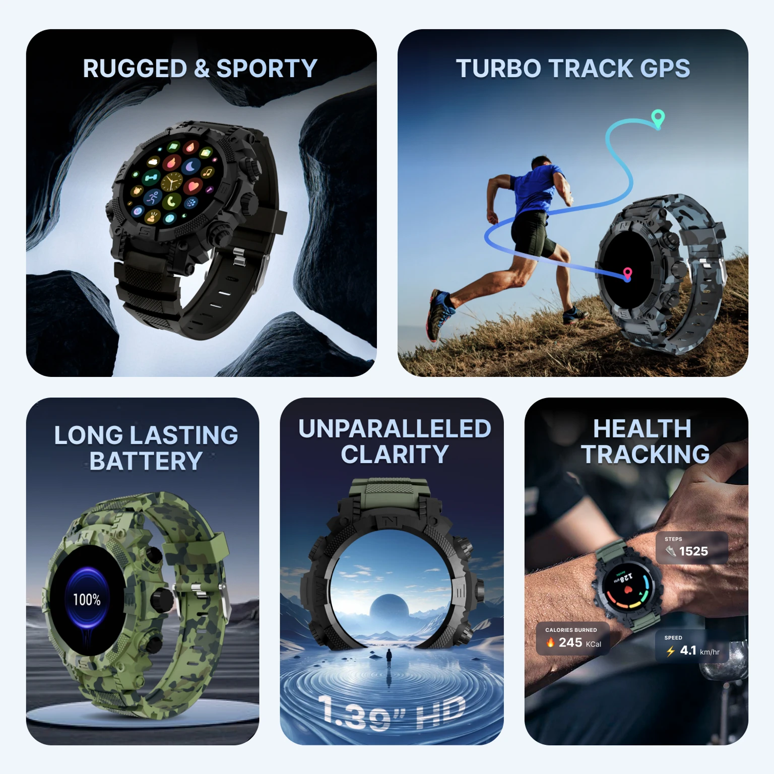 Cult Built-in Turbo Track GPS, Rugged,1.39" HD Display, Strava, BT calling Smartwatch (Camo Grey Strap - 1