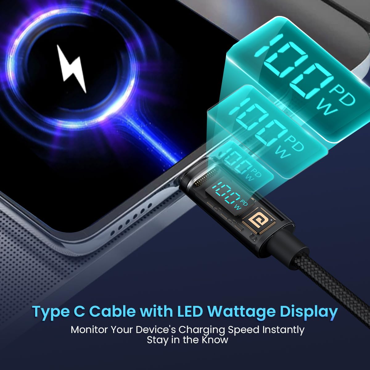 Portronics Konnect View 100W Type C to Type C Cable with LED Display with 5A Max Output 2 meter - 2