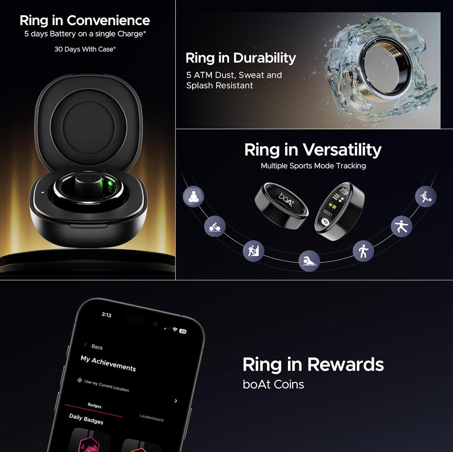Boat SmartRing Active w/Stylish Stainless-Steel & Lightweight, Health Monitor, Magnetic Charging Case - 2