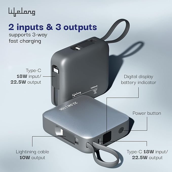 Lifelong zapcharge 10000mAh Slim Compact Power Bank | in-Built Type C & Lightning Cable - 1
