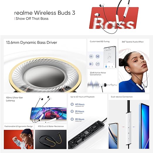 realme Buds Wireless 3 in-Ear Bluetooth Headphones,30dB ANC, Spatial Audio,13.6mm Dynamic Bass Driver,Upto 40 Hours Playback, Fast Charging, 45ms Low - 1