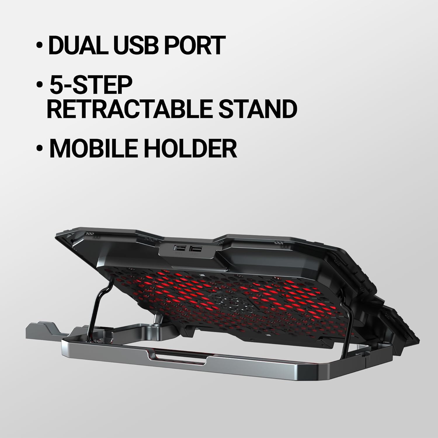Ant Esports NC150 Ultra Slim and Sturdy Portable Laptop Cooling Pad with 2 * 1 125mm Red LED Fan, Anti Skid 5 Height Adjustable Stand - 3