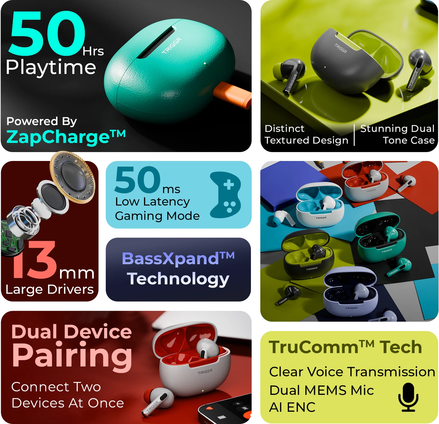 TRIGGR COSMOS with Textured Design, Dual Pairing, 50H Battery, 13mm Drivers - 1