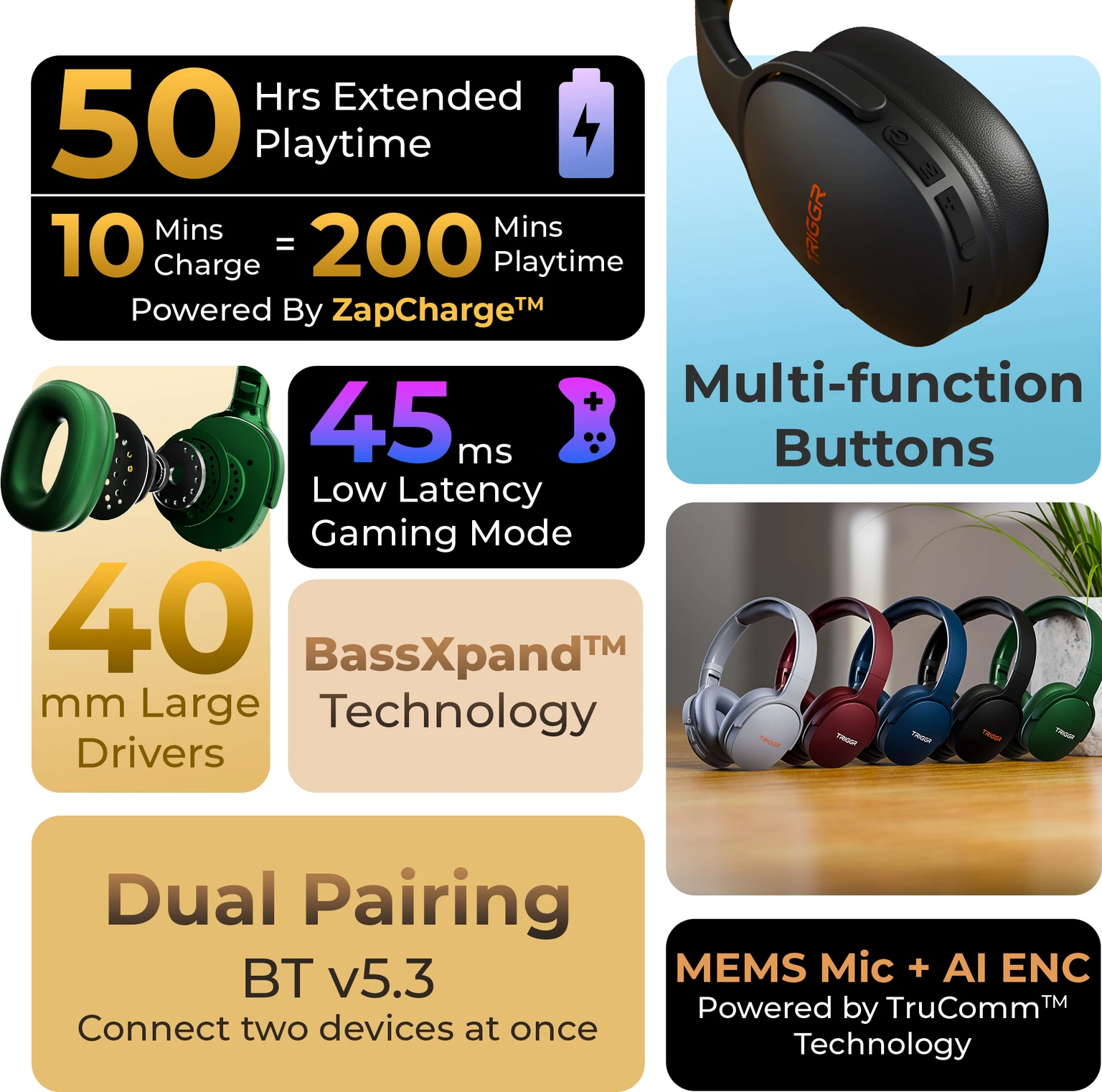 TRIGGR Trinity 2 with Dual Pairing, ENC, Fast Charge, 50H Battery, Rubber Finish, v5.3 Bluetooth - 1