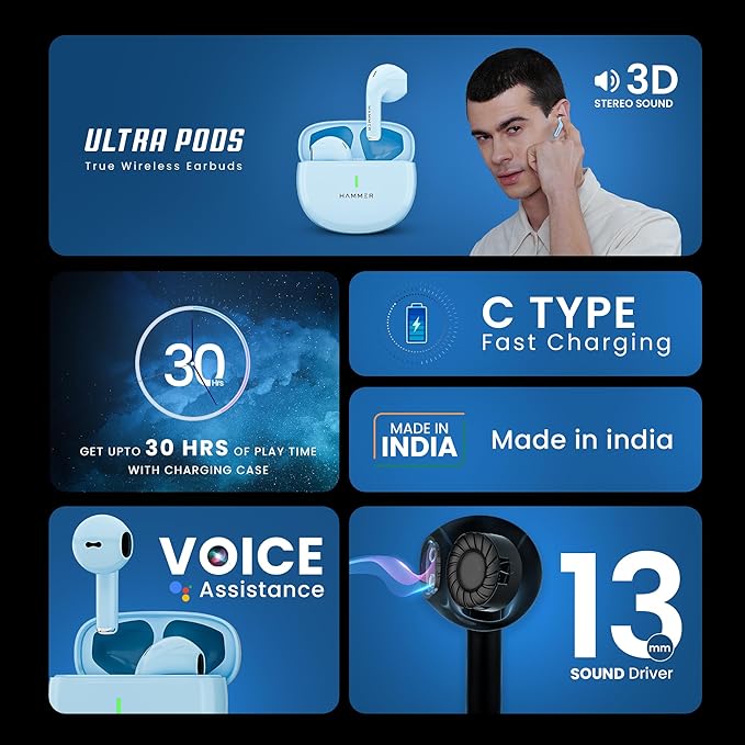 HAMMER New Launch Ultra Pods TWS Wireless Bluetooth Ear buds, Inbuilt Mic, 100H Standby Time - 1