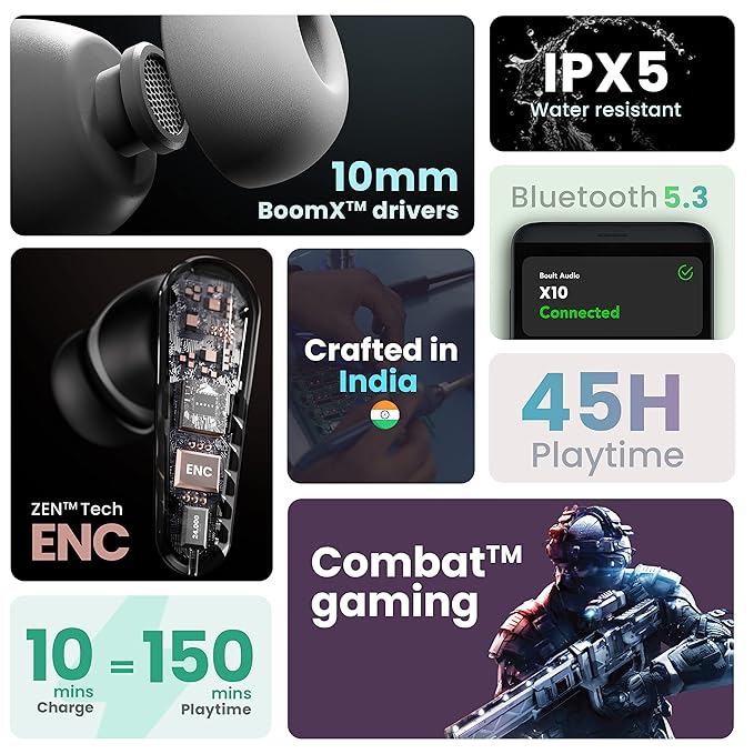 Boult X10 TWS with 45Hrs Playtime, ENC Mic, 40ms Lowest Latency - 2