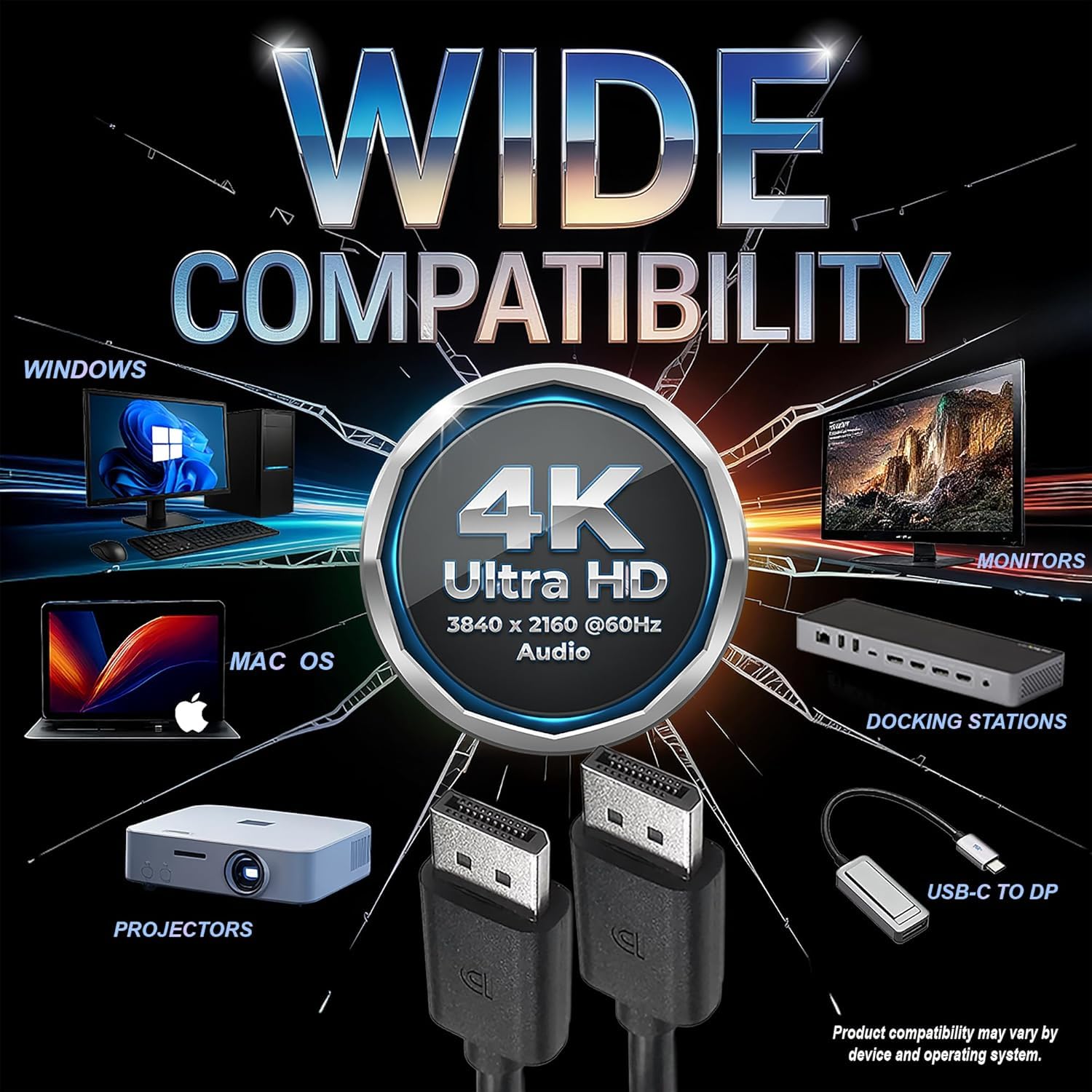 DisplayPort Cable 5ft, High Speed 4K 60Hz, 2K 165Hz 144Hz, DP 1.2 FreeSync HDCP HDR, DP Male to Male - 2