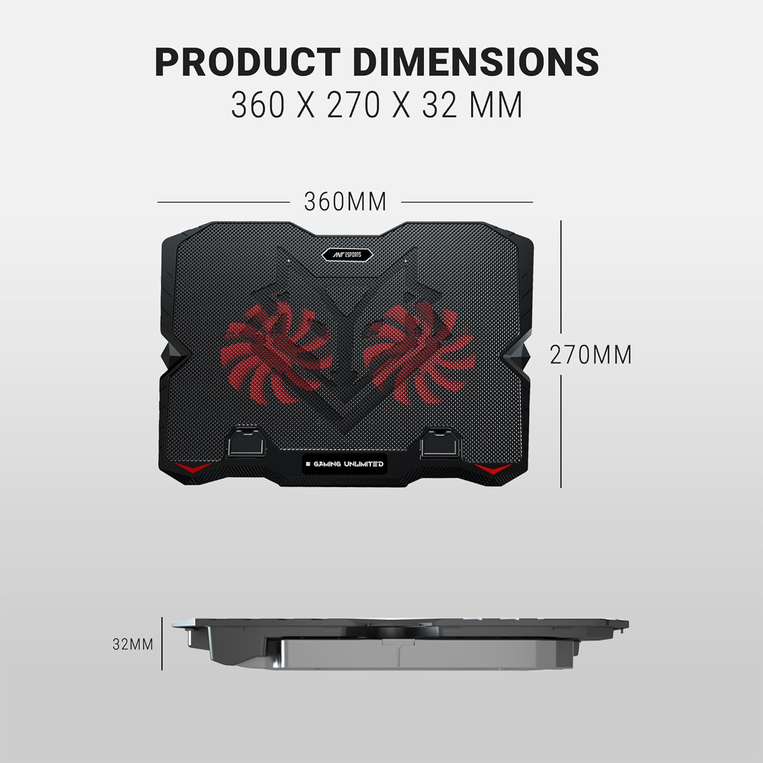 Ant Esports NC150 Ultra Slim and Sturdy Portable Laptop Cooling Pad with 2 * 1 125mm Red LED Fan, Anti Skid 5 Height Adjustable Stand - 2