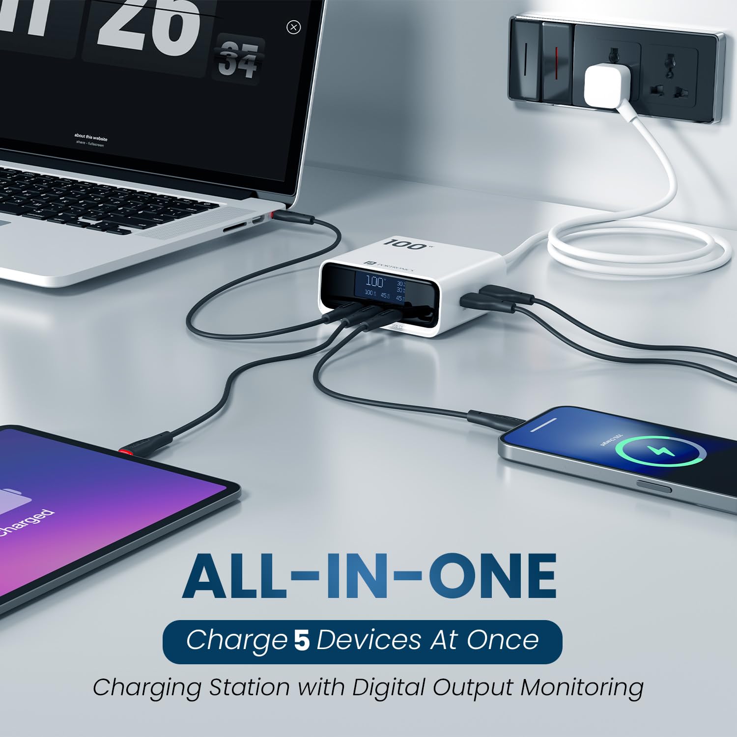Portronics 100W Adapto 100D Fast Charging 5 Port Adaptor with LCD Power Display - 1