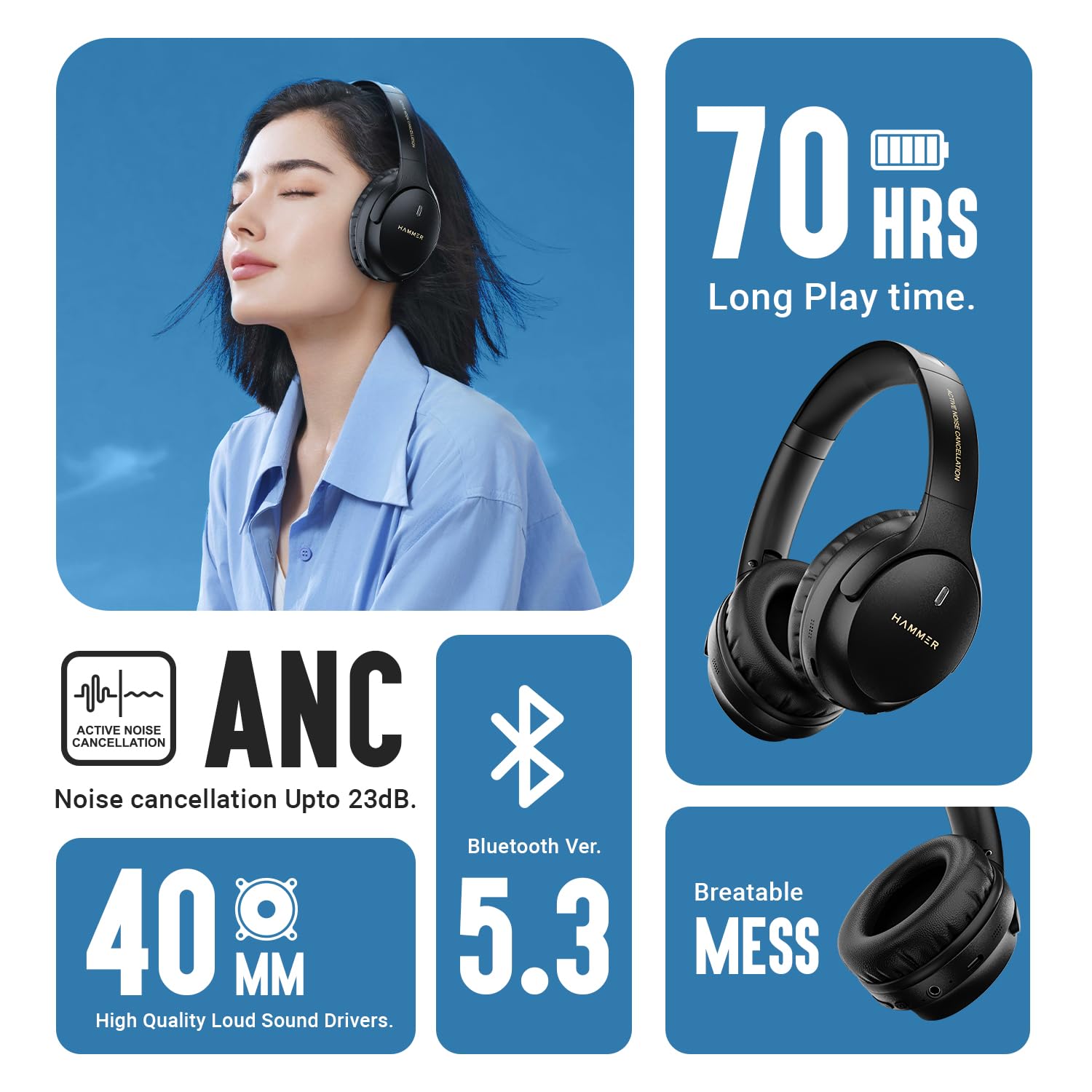 HAMMER Bash Vivid ANC Wireless Bluetooth Over-Ear Headphones with 23 dB Active Noise Cancellation - 1