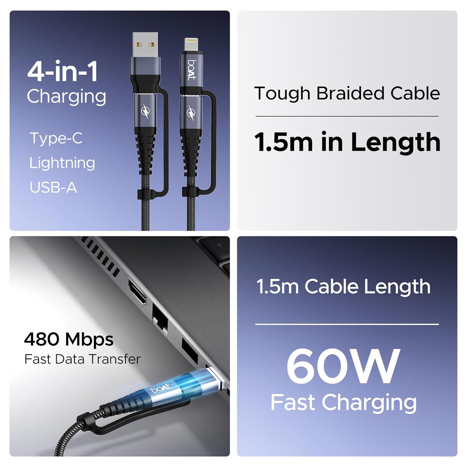 boAt FlexiCharge 400 Charging Cable w/ 4-in-1 Connectivity- USB-A, Type-C, & Lightning Ports - 1