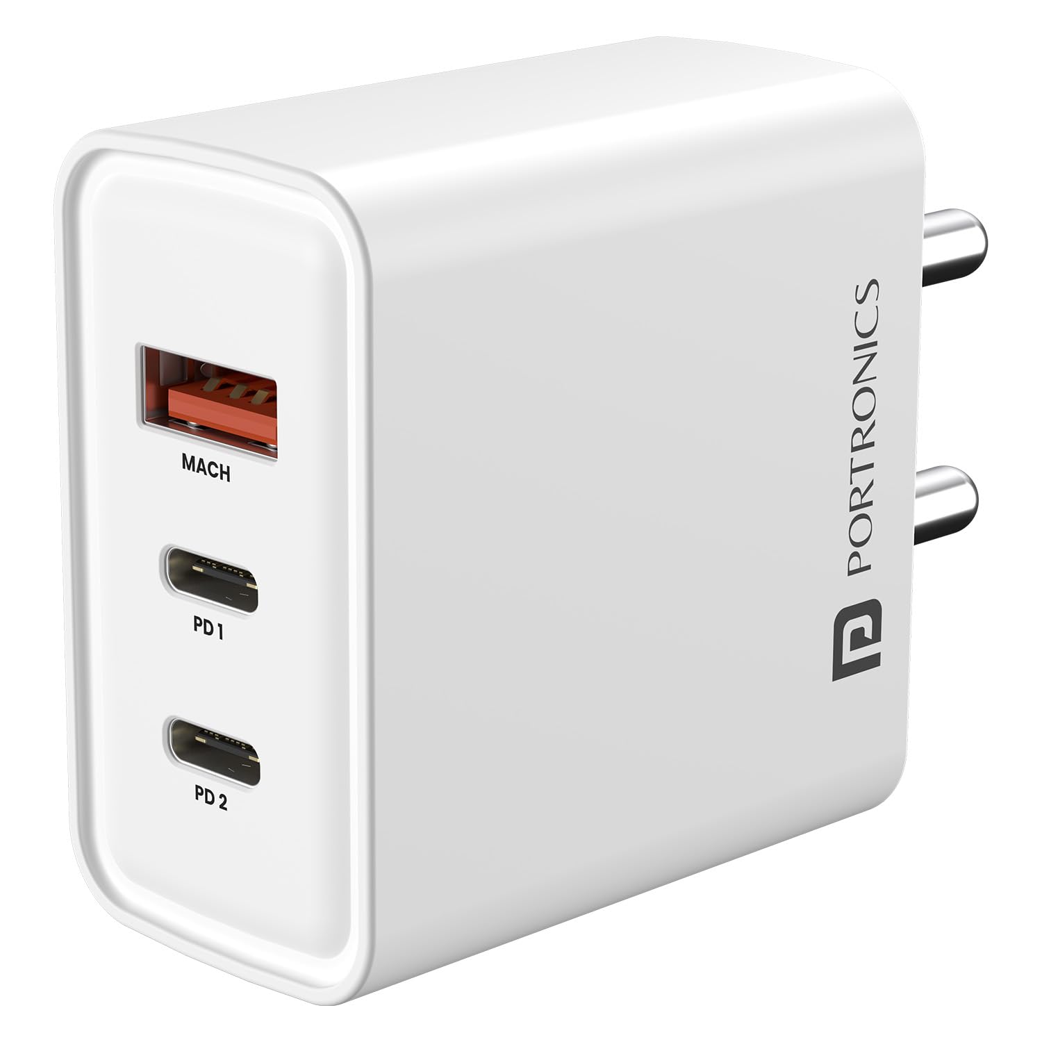Portronics 65W Adapto 65M Triple Port Fast Charging Laptop Adaptor, 2 x Type C PD Port,1 x USB-A Port - 0