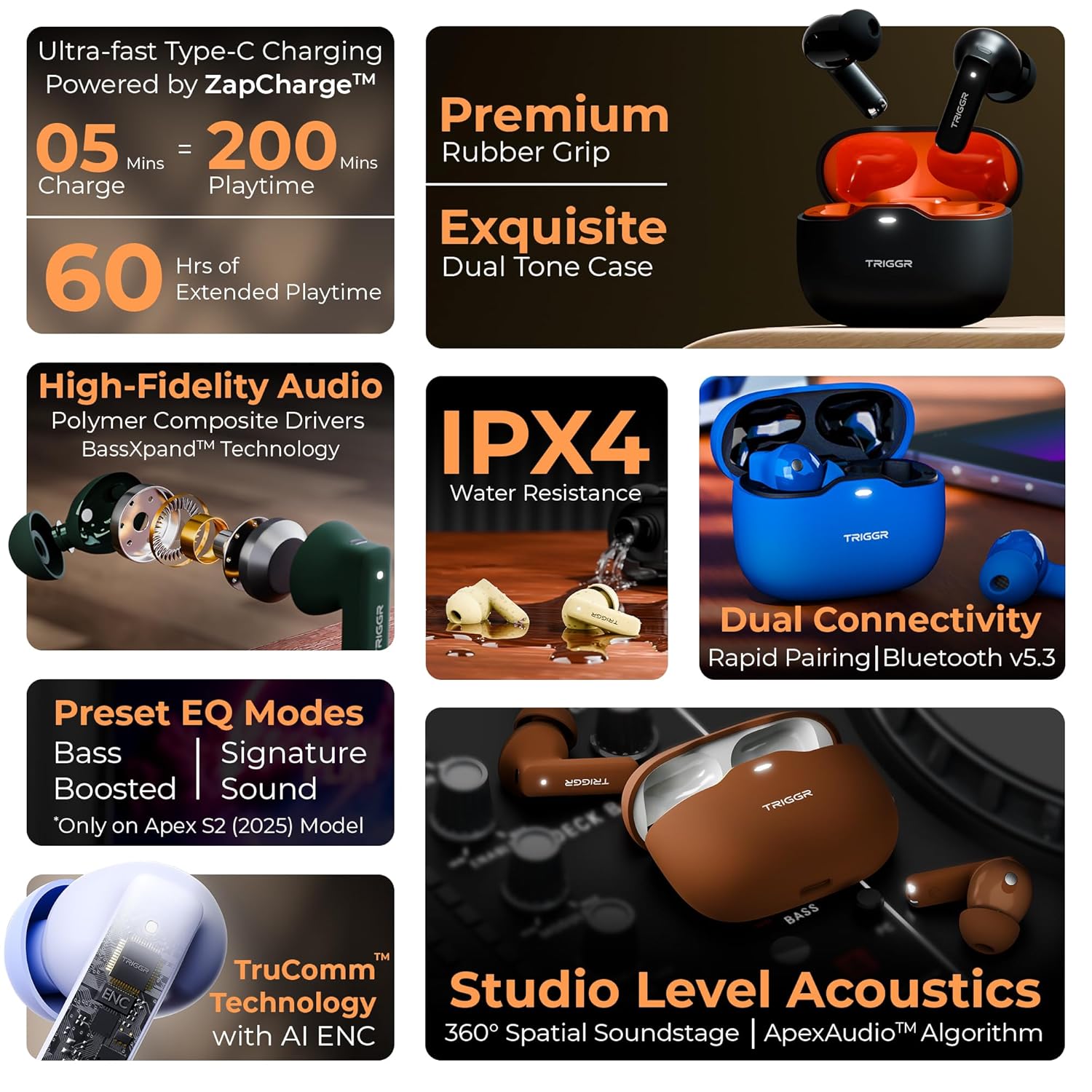 TRIGGR Apex S2 Wireless Bluetooth Headphones with 60H Playtime, 360° Spatial Sound, Quad Mic - 1
