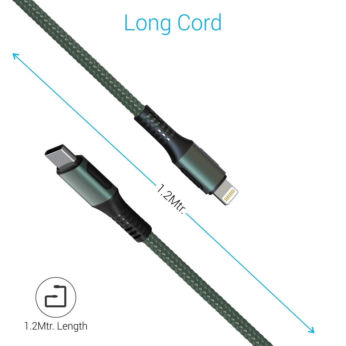 Portronics Konnect CL 20W POR-1067 Type-C to 8 Pin USB 1.2M Cable With Power Delivery & 3A Quick Charge Support, Nylon Braided For All Type-C and 8 Pi Total - 1