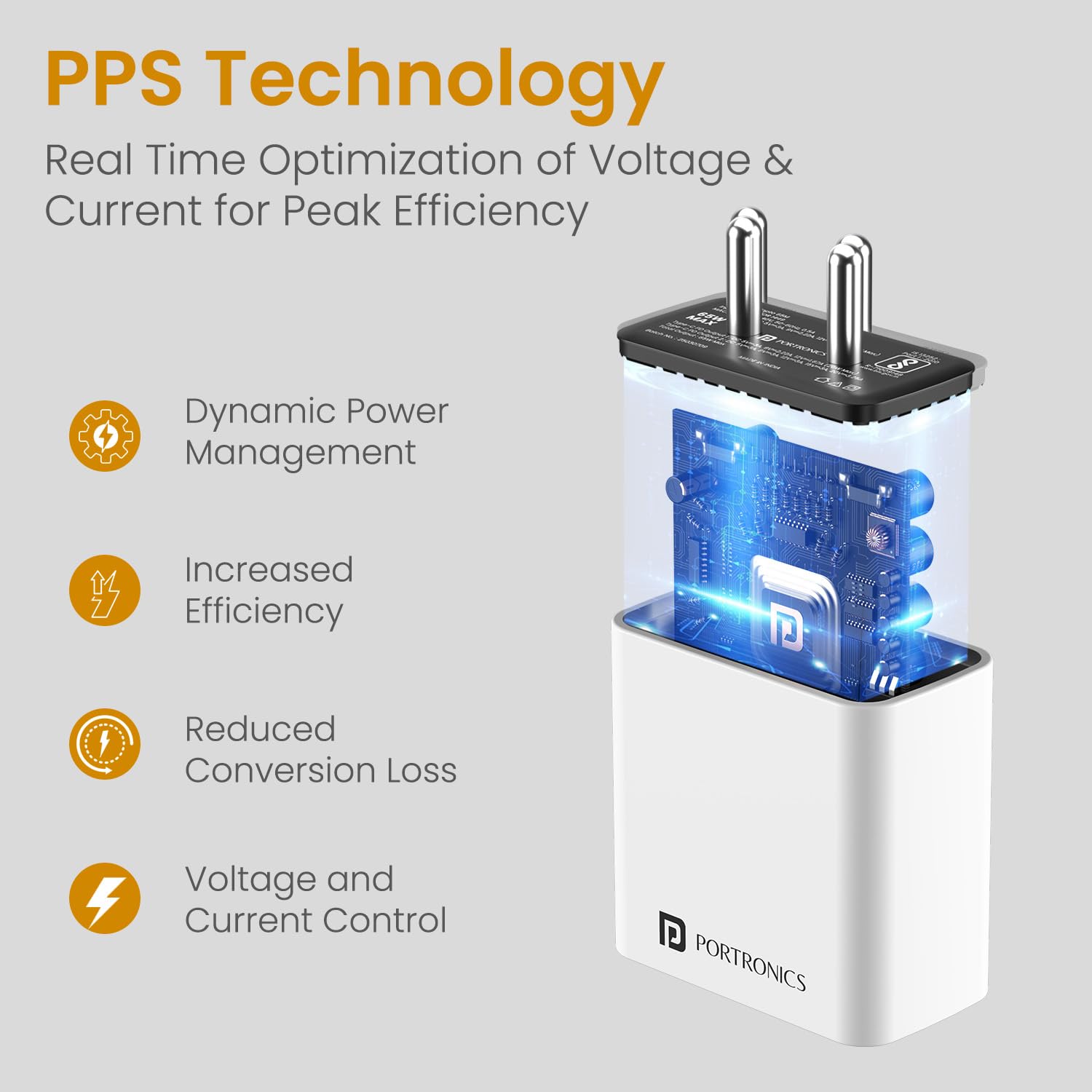 Portronics 65W Adapto 65M Triple Port Fast Charging Laptop Adaptor, 2 x Type C PD Port,1 x USB-A Port - 2