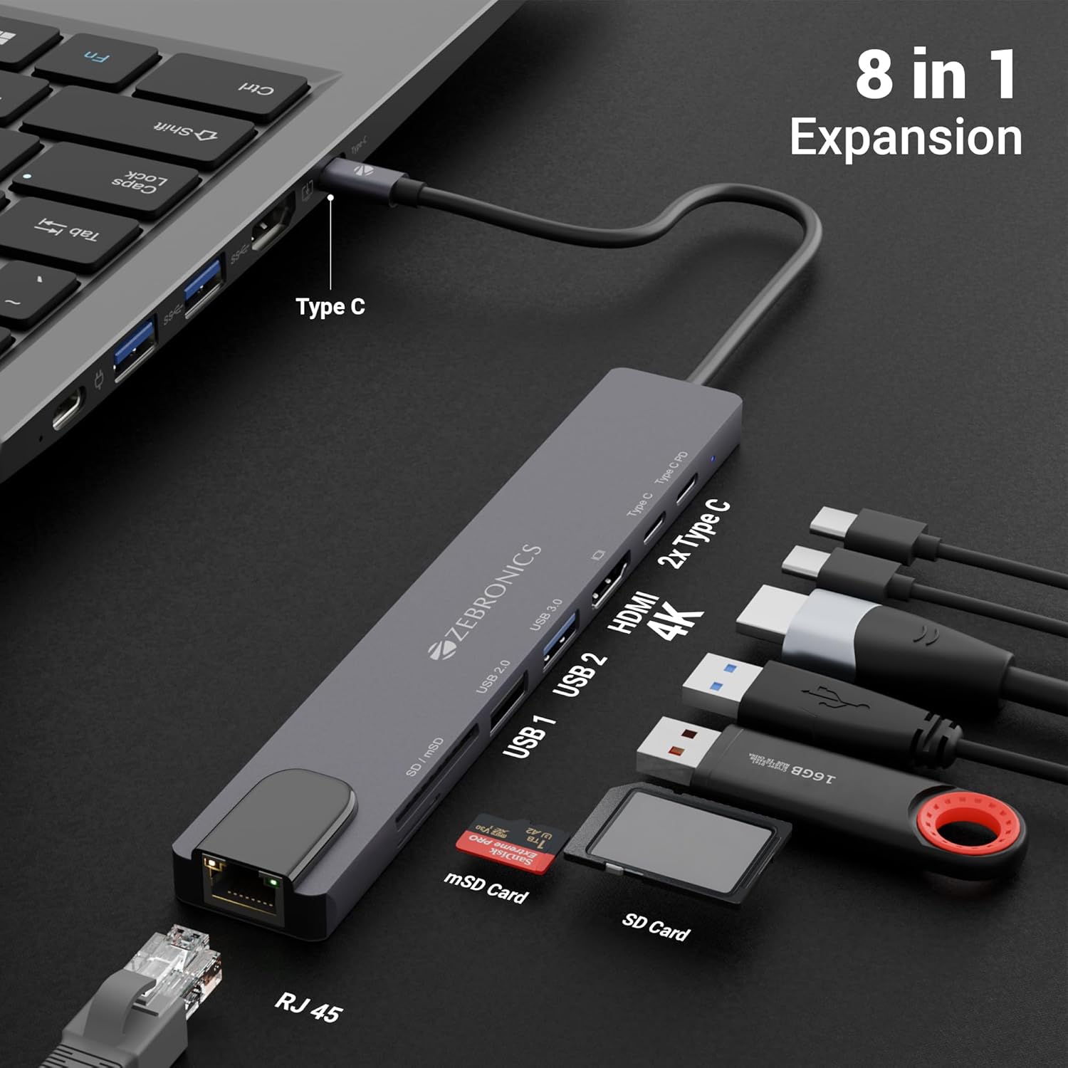 ZEBRONICS CT81, 8 in 1 Multiport HUB, 4K HDMI, 100 Watts PD Charging - 1