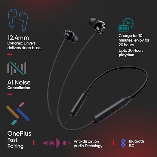 Oneplus Bullets Z2 Bluetooth Wireless in Ear Earphones with Mic, Bombastic Bass - 12.4 Mm Drivers, 10 Mins Charge - 20 Hrs Music, 30 Hrs Battery Life, - 2