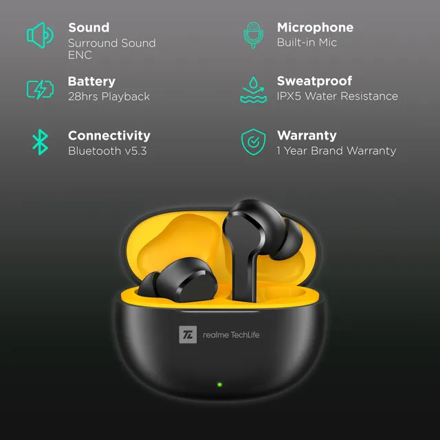 realme TechLife Buds T100 Bluetooth Truly Wireless in Ear Earbuds with mic, AI ENC for Calls, Google Fast Pair, 28 Hours Total Playback with Fast Char Total - 1