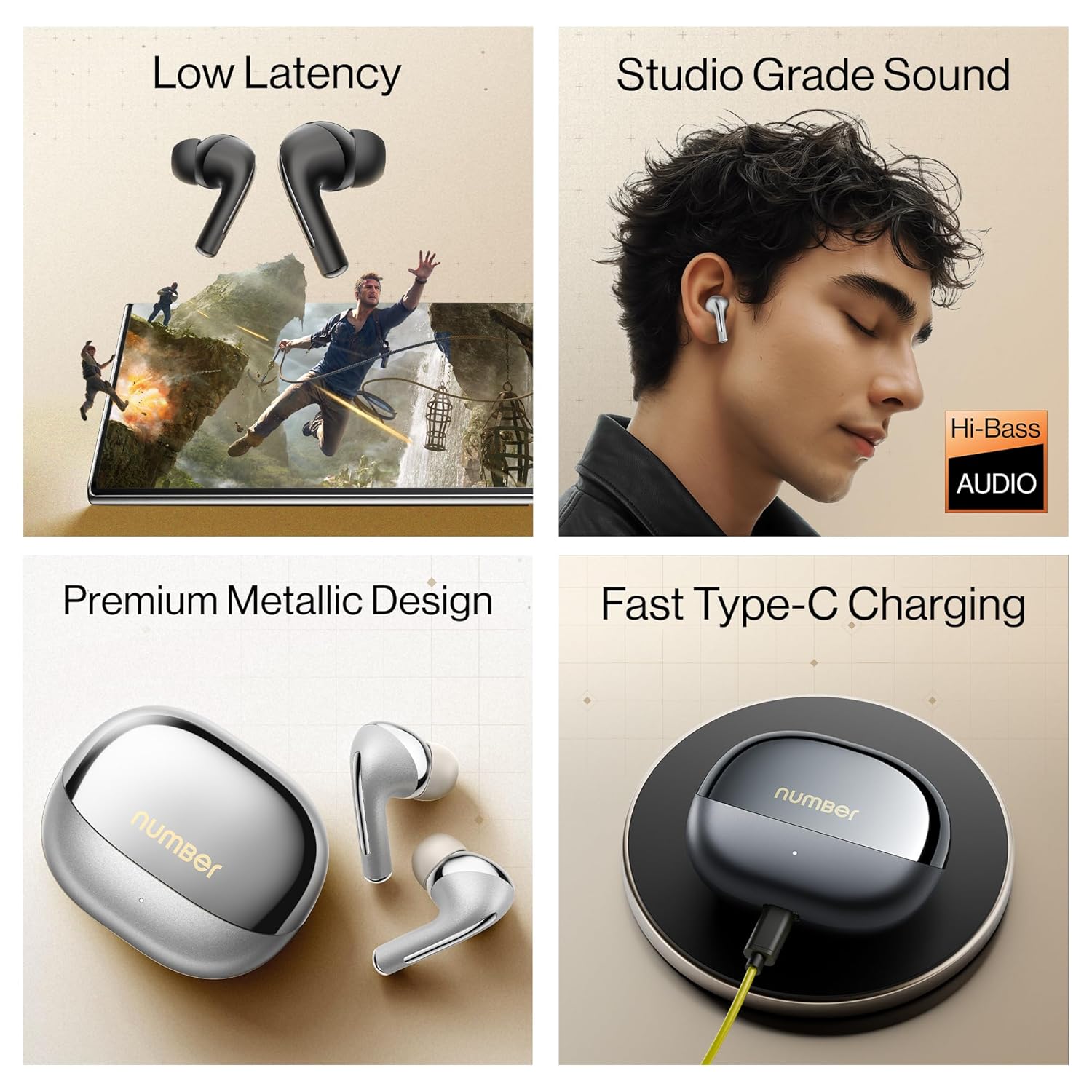 Number Navo Buds X3 w/ 50H Playtime, Dual Pairing, 13mm Speakers, ENC, 45ms Low Latency - 1