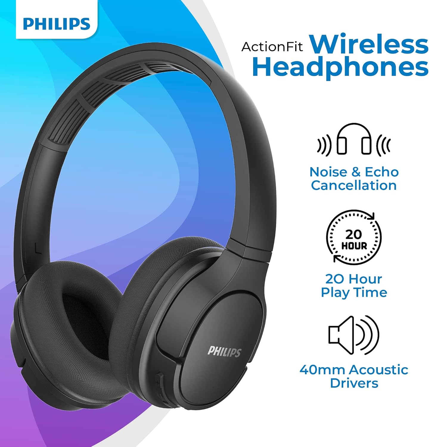 Philips Audio Action Fit Bluetooth Wireless On Ear Headphones TASH402 - 1