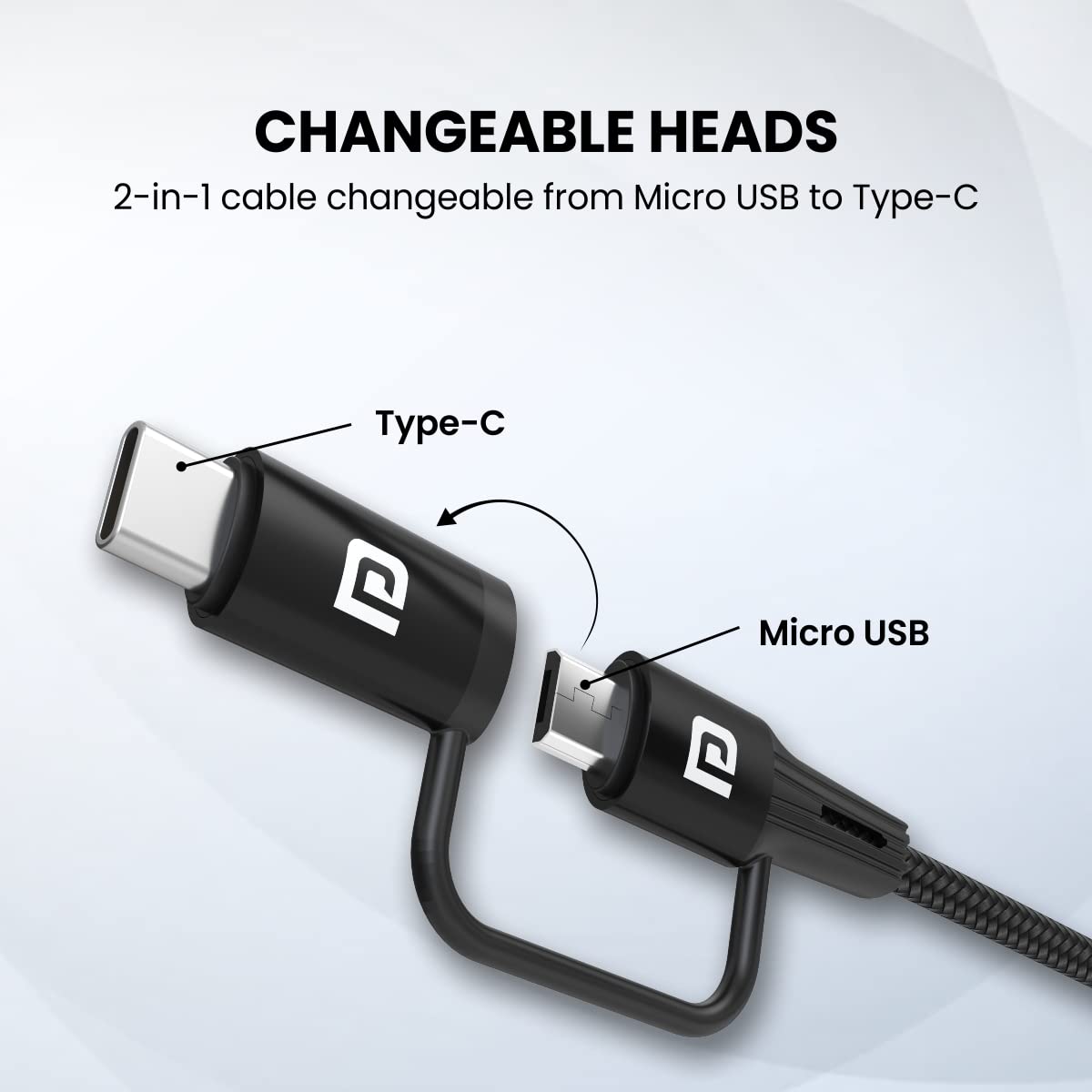 Portronics Konnect J7 20W Fast Charging Cable with Dual Output (Type C + Micro USB), Changeable Metallic Heads - 1