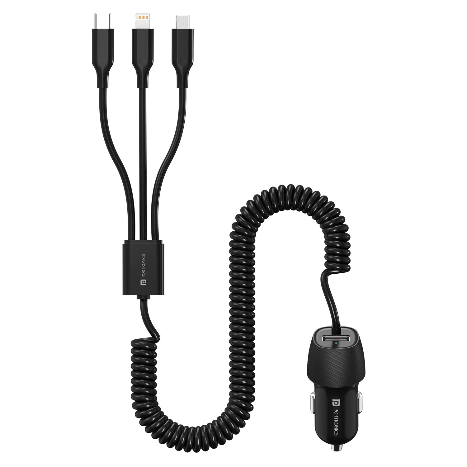 Portronics Car Power 3X, 17W Car Charger with 12W Built-in 3-in-1 Coiled Cable - 0