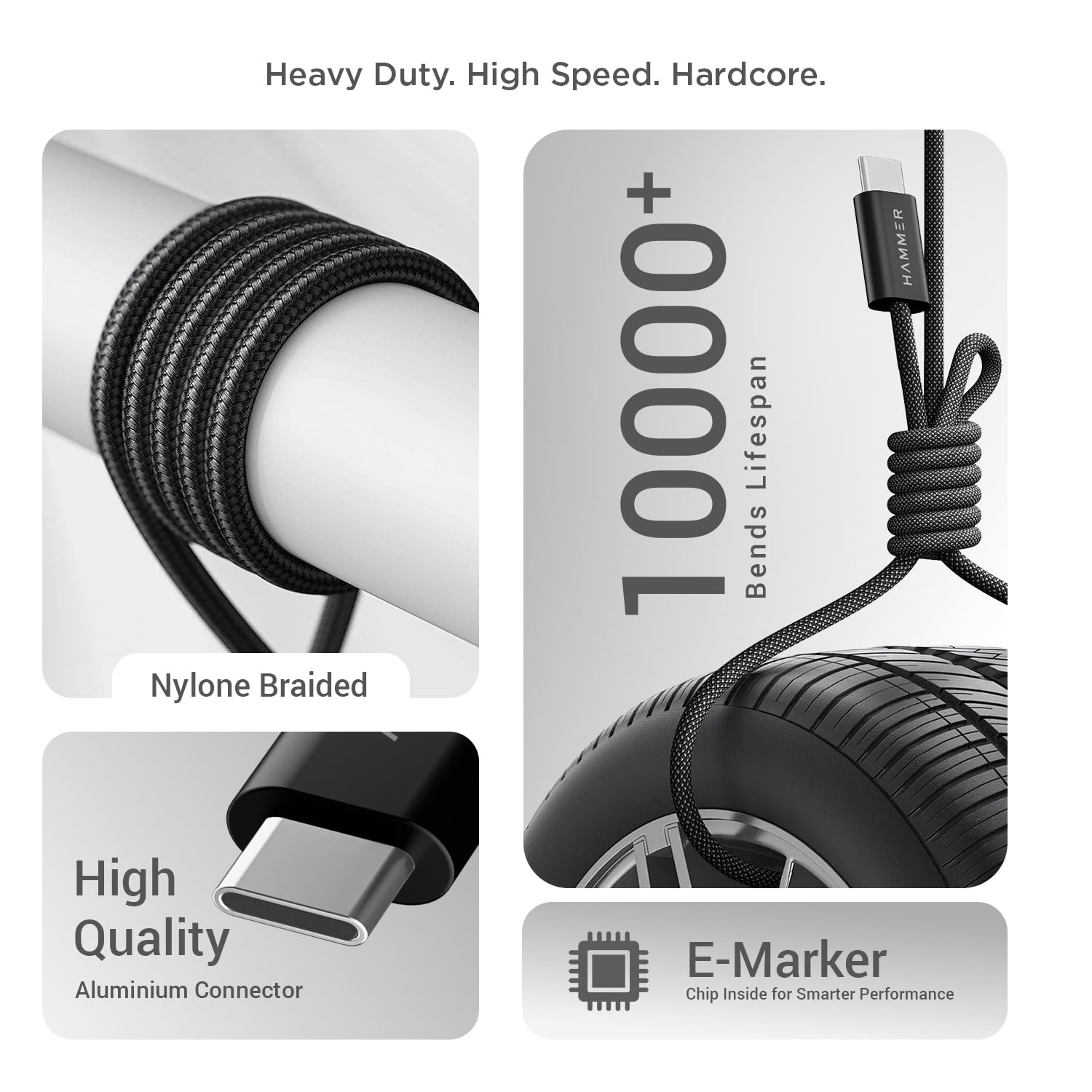 HAMMER Type C to Type C Cable 60W Braided, PD Fast Charging, Data Sync, 1.2 Meter Tangle Free Wire - 1
