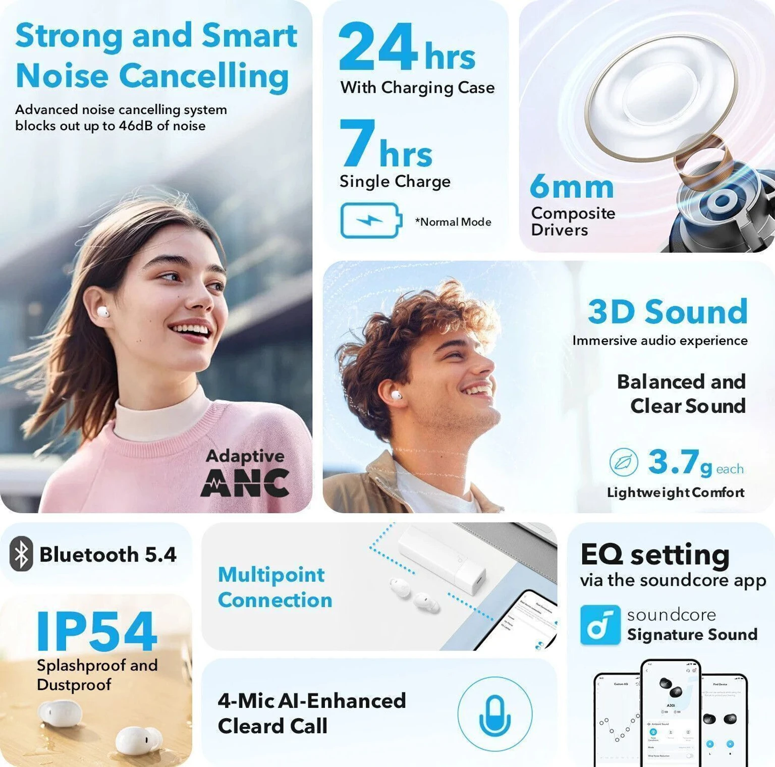 soundcore A30I By Anker,46Db Noise Cancelling in Ear Earbuds,Stylish Design,Lightweight Comfort,Clear - 1