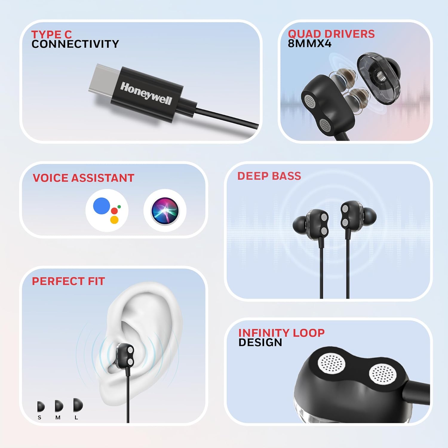 Honeywell Suono P80 Wired Gaming In Ear Earphones with Built-in Mic, 8mm*4 Drivers, IPX4, Noise Cancelling - 1