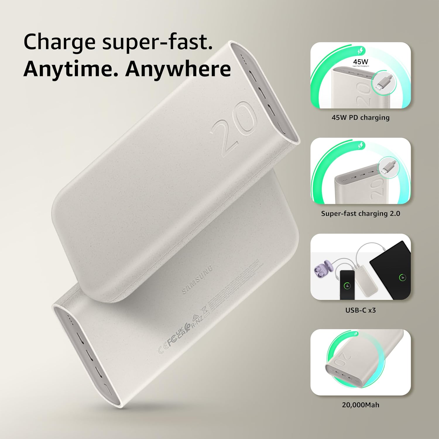Samsung Galaxy 20000mAh Power Bank, Battery Pack, Gray - 2