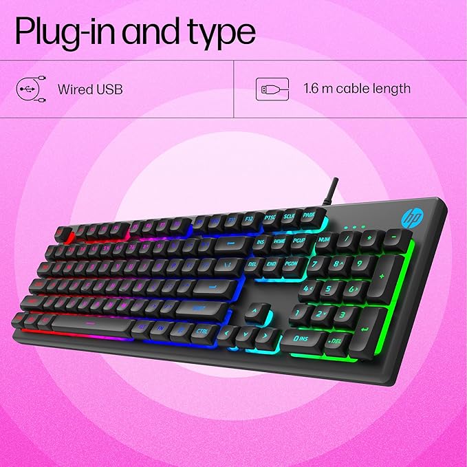HP K500F Backlit Membrane Wired Gaming Keyboard with Mixed Color Lighting, Metal Panel with Logo Lighting, 26 Anti-Ghosting Keys, and Windows Lock Key - 1