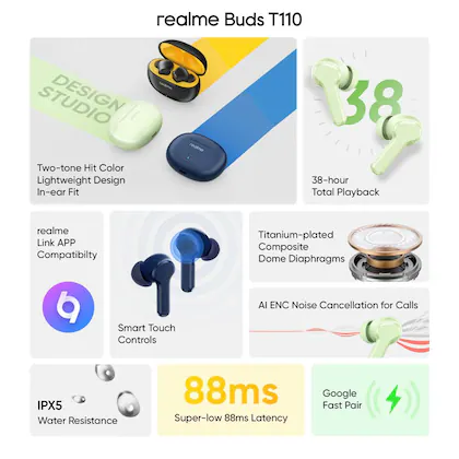 realme Buds T110 with AI ENC for calls, upto 38 hours of Playback - 1