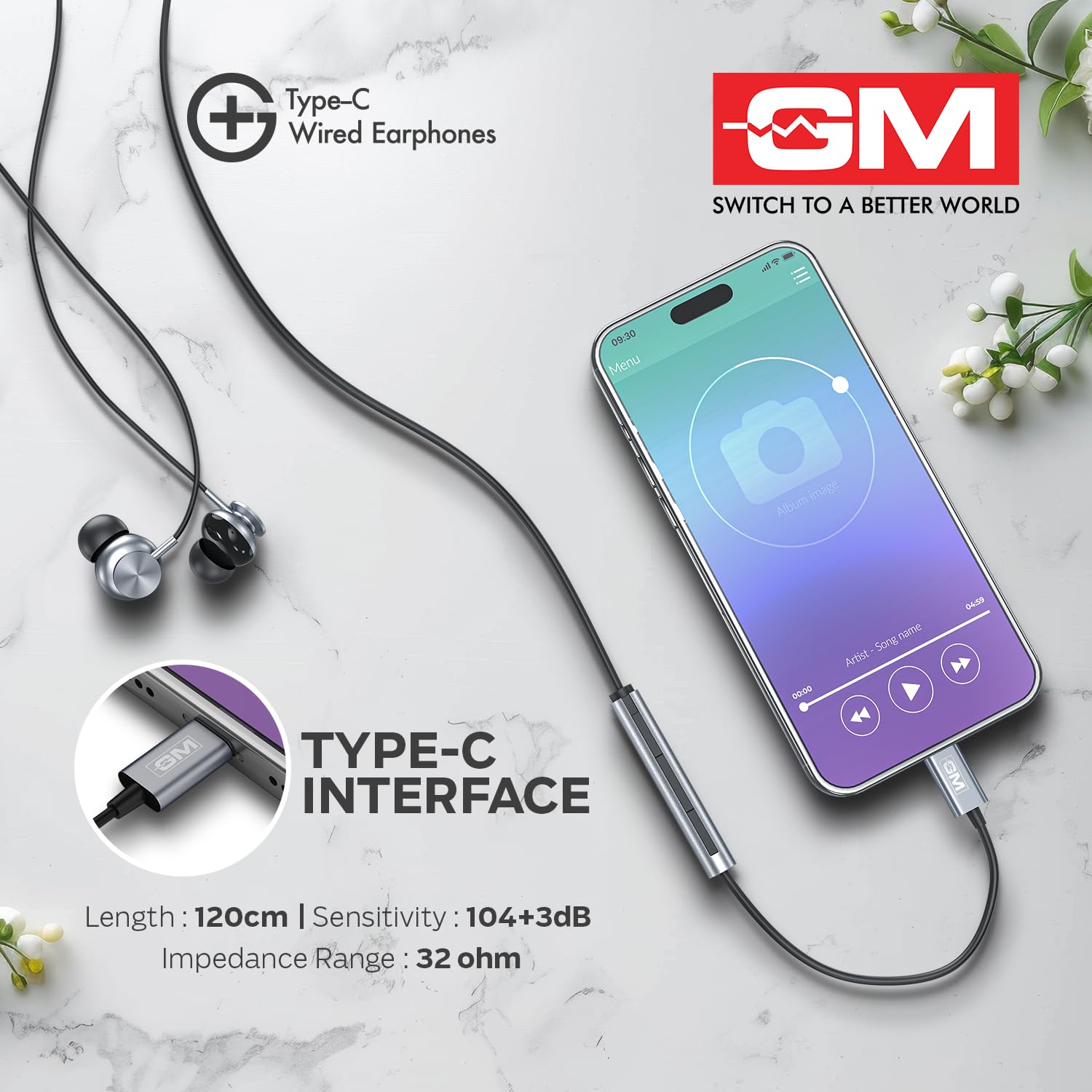 GM G+ Type-C Wired Earphones with HD Mic | 14mm Drivers, Pure Bass Sound - 1