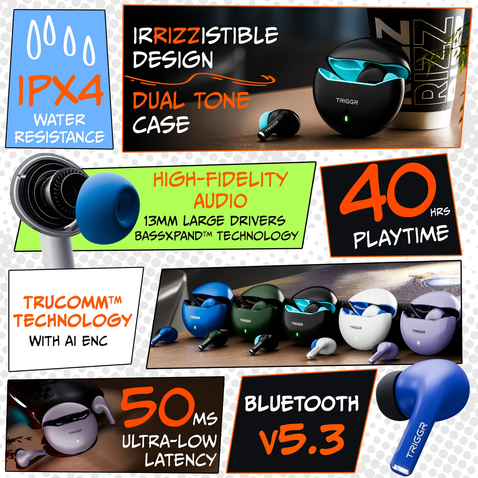 TRIGGR Rizz with 40H Playback, Spherical Design, 13mm Drivers, Rich Bass, Fast Charging Bluetooth Headset - 2