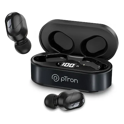 PTron Bassbuds Plus True Wireless Bluetooth 5.0 in Ear Earbuds, Deep Bass, IPX4 Water/Sweat Resistant, Passive Noise Canceling, Digital Display Case - 0