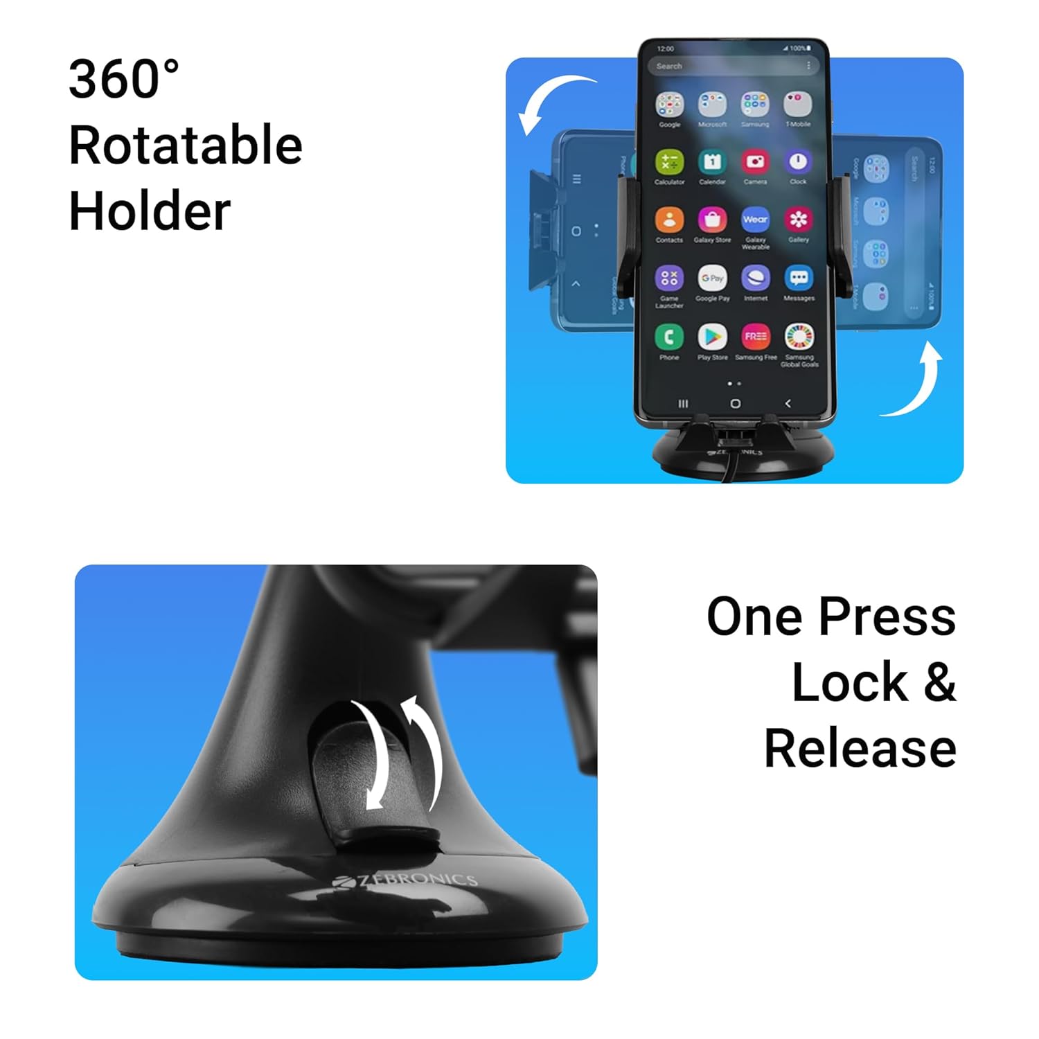 ZEBRONICS WCC100, Wireless Smartphones Car Charger, 15W Fast Charging, Upto 6.8 Inches, 360° Rotatable - 2