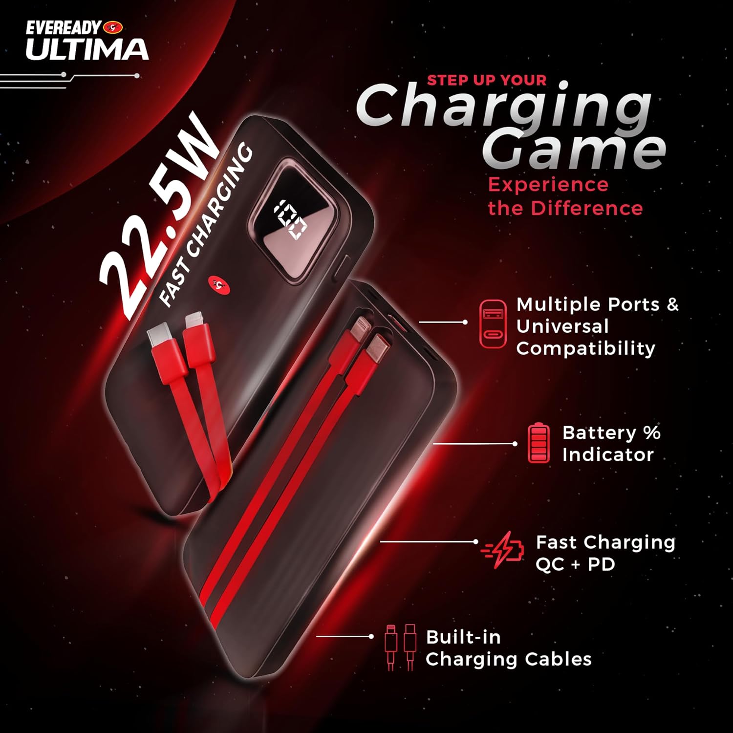 Eveready Ultima Power Bank PB10 with Built-in-Cables 10,000 mAh, 22.5W - 2