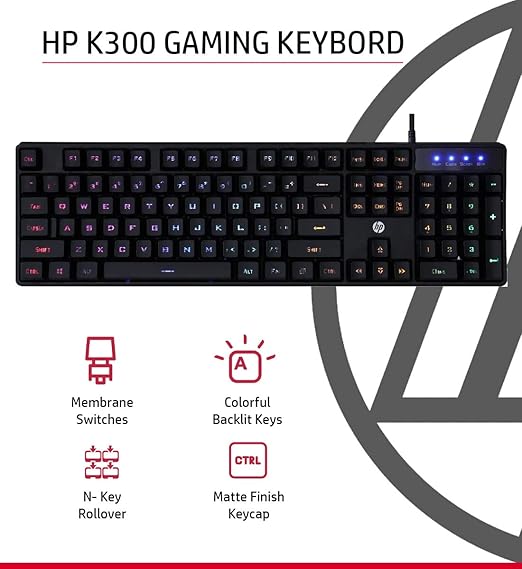 HP K300 Backlit Membrane Wired Gaming Keyboard with Mixed Color Lighting, 4 LED Indicators, Matte Finish Double Injection Key Caps and Windows Lock Key / 3 Years Warranty(4QM95AA) - 1