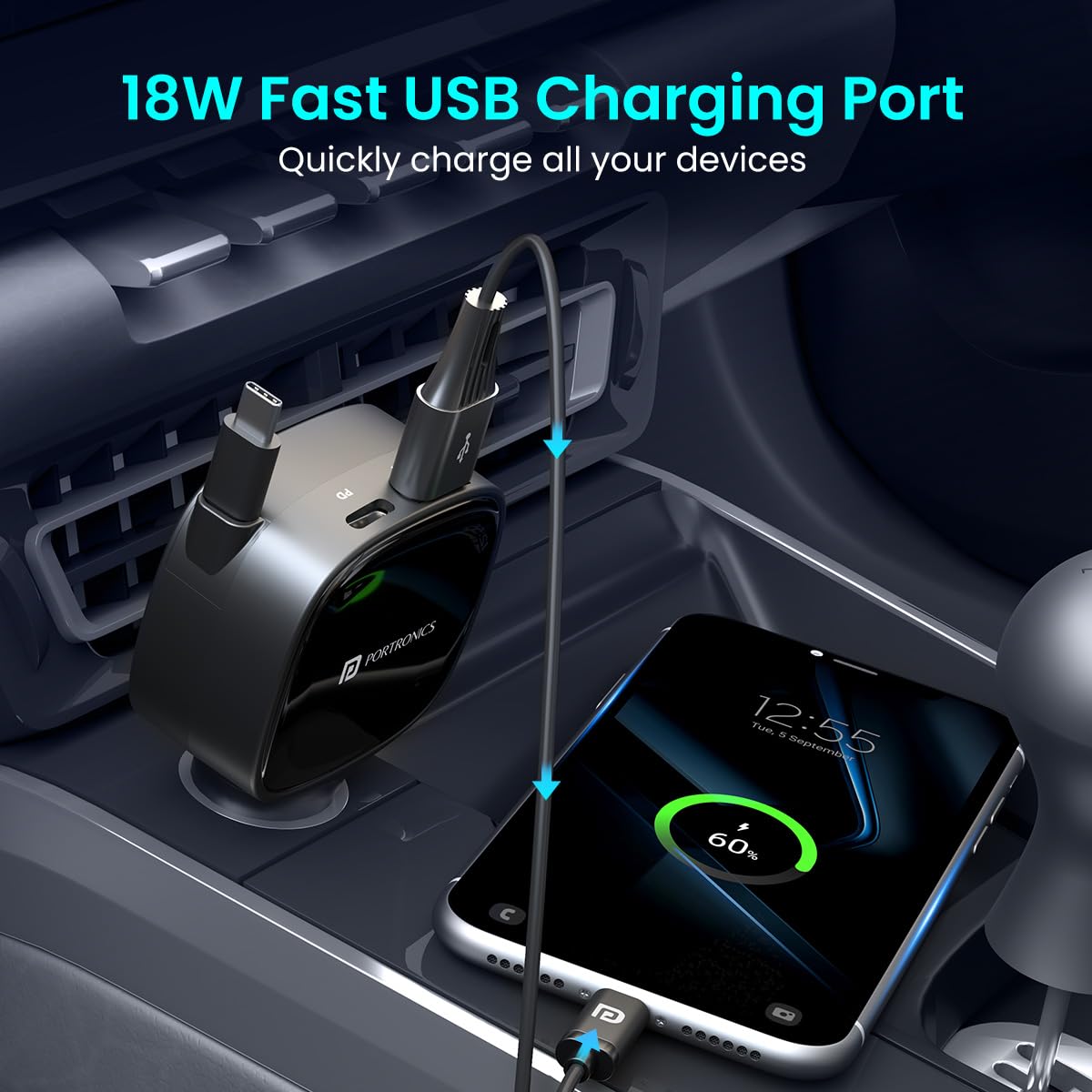 Portronics Car Power Retracto 84W 3 in 1 Car Charger, 80 cm Retractable Cable - 2