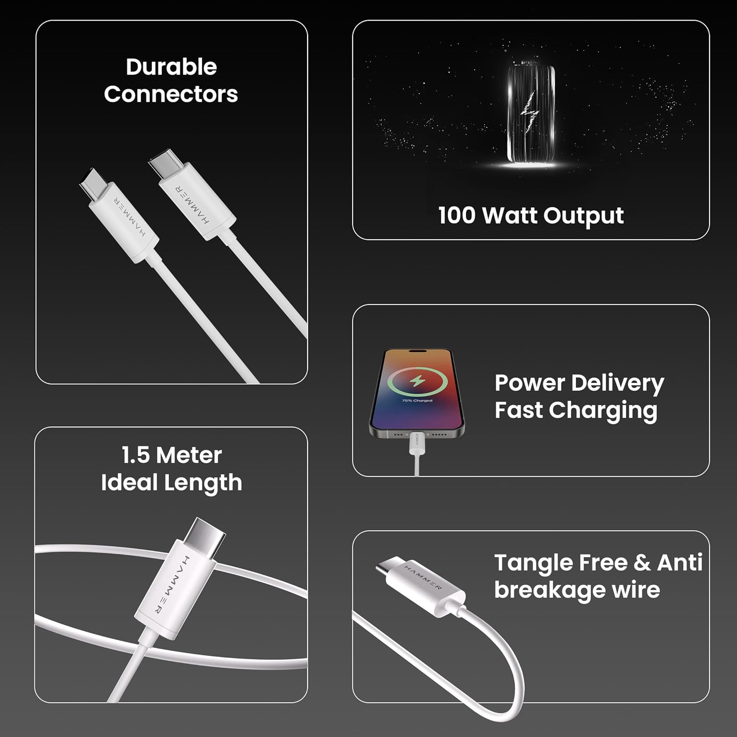 HAMMER 1.5M Type C to Type C 5A (100W) PD Fast Charging Cable with EMK Chip, Rapid Data - 1