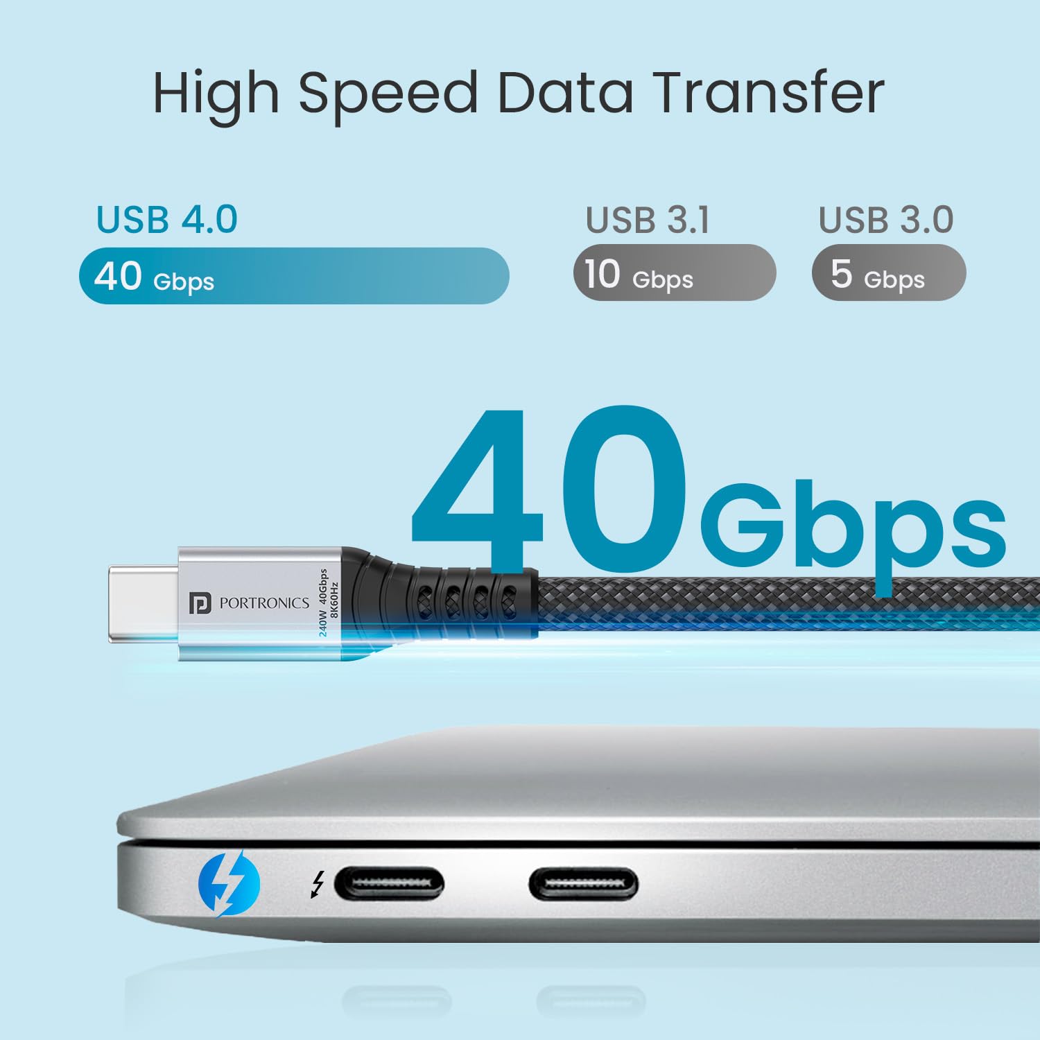 Portronics Flash C2 240W Type C to Type C Cable With 40Gbps Data Transfer Speed, Thunderbolt 4, 8K@60Hz Display Cable - 2