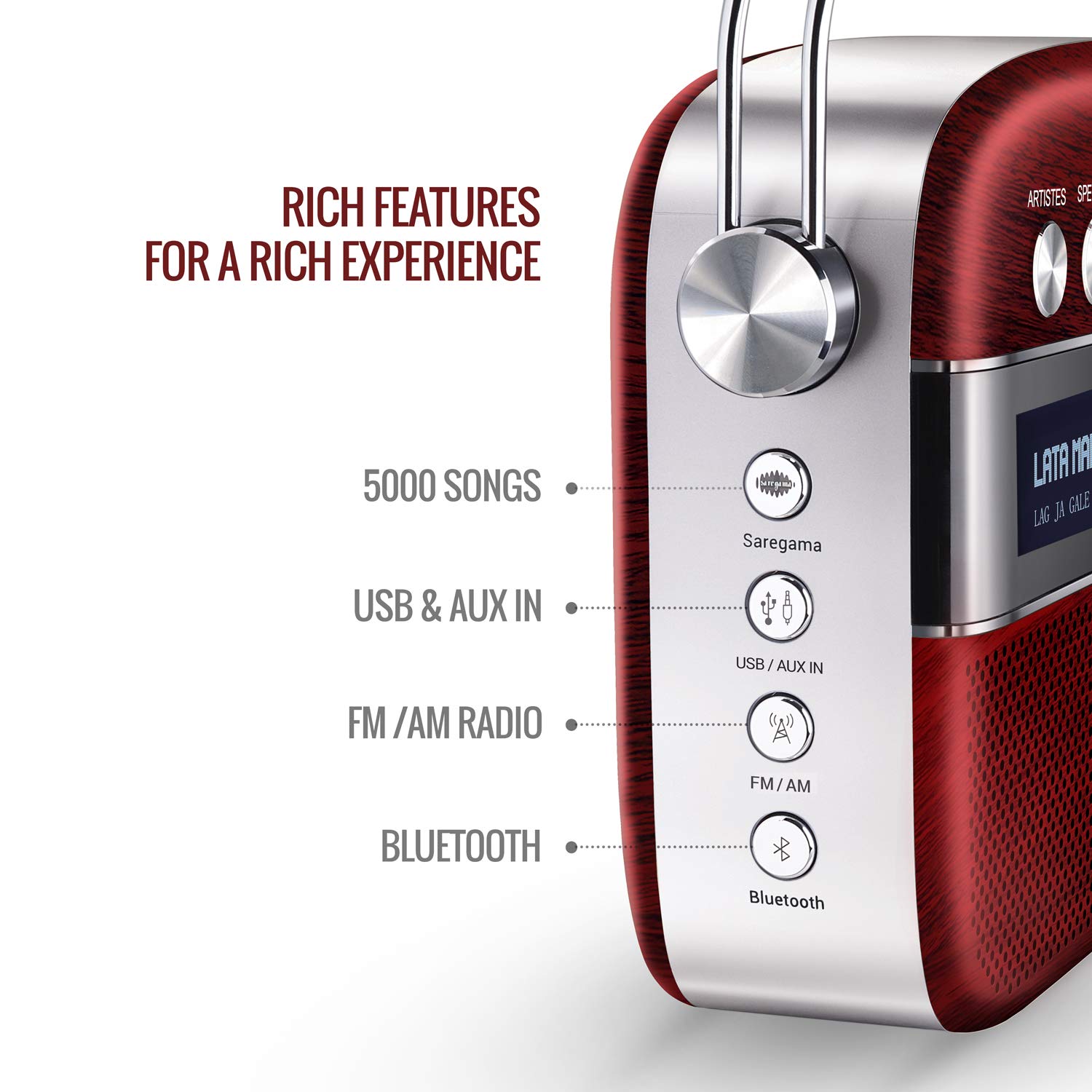Saregama Carvaan Hindi - Portable Music Player with 5000 Preloaded Songs, FM/BT/AUX - 1